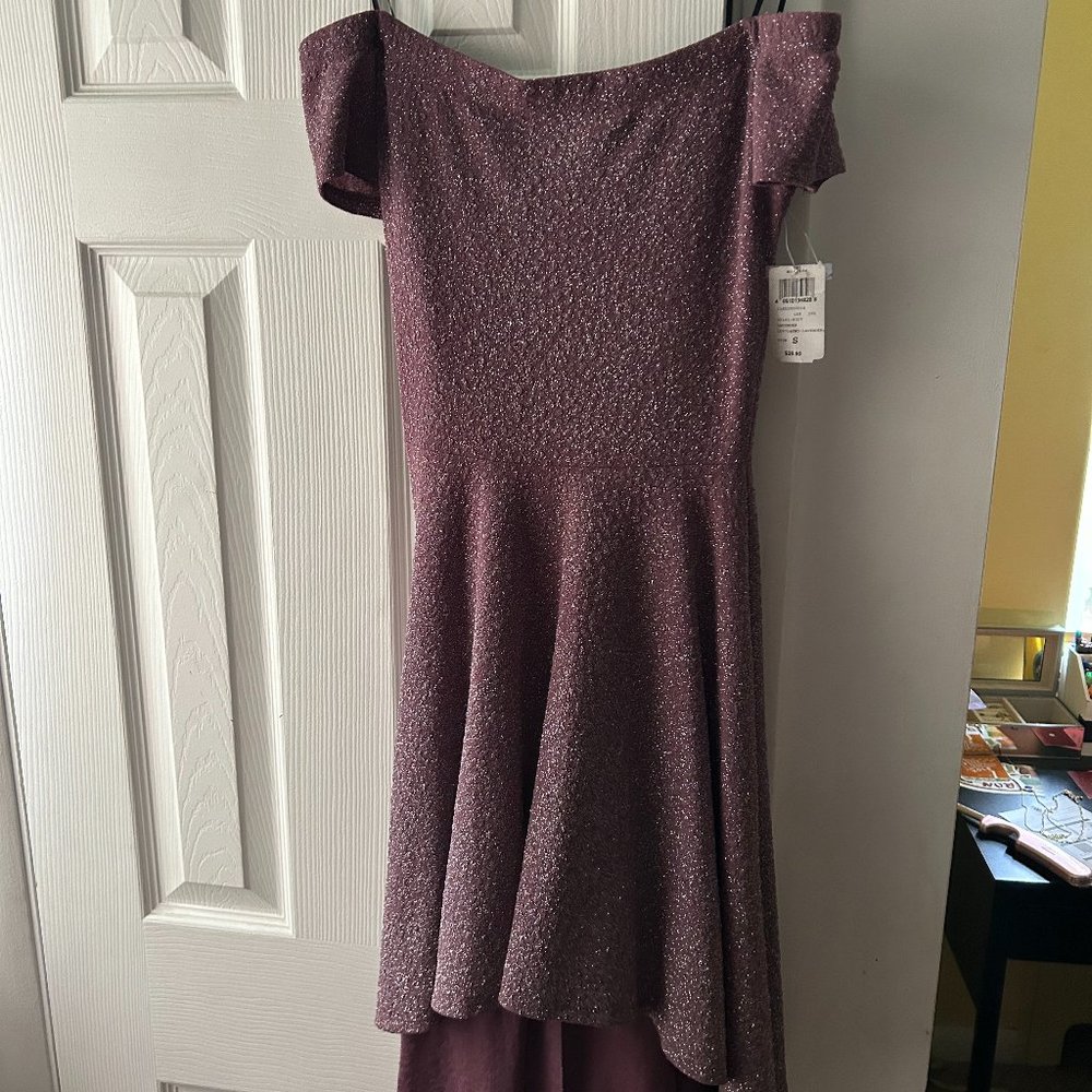 Windsor Dark Purple Off the Shoulder Sparkle High Low Dress